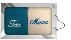 Komplet ręczników w pudełku 2 szt 50x100 Mama Tata kremowy turkusowy 22