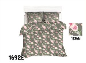 Poszewka bawełniana 70x80 1692E grafitowa różyczki różowe liście 1136N