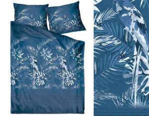 Pościel satynowa 140x200 Insignia Ballad Blue granatowa liście palmy monste
