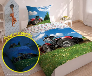 Pościel świecąca w ciemności 160x200 Traktor czerwony 2639 B łąka wieś pole