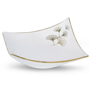 Patera ceramiczna 20x20x7 Ginko 1 biała złota liść miłorzębu Eurofirany