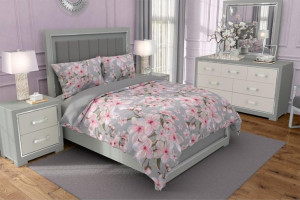 Pościel bawełniana 160x200 Eufloria 006 kwiaty jabłoni szara różowa dwustro
