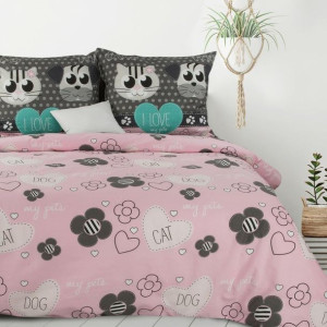 Pościel bawełniana 160x200 Kids 02 kotek piesek różowa szara biała cat dog