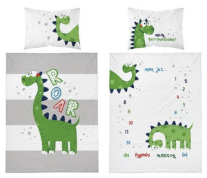 Pościel bambusowa 100x135 Dinozaury biała szara zielona paski 3527 A Dino d