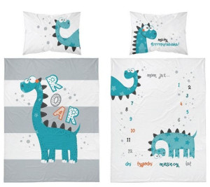 Pościel bambusowa 100x135 Dinozaury biała szara turkusowa paski 3527 B Dino