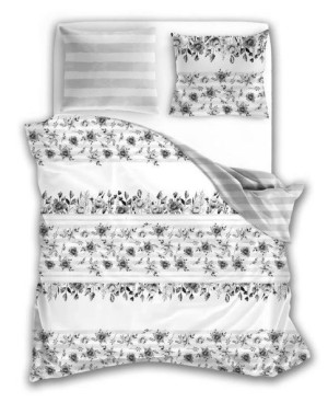 Pościel satynowa 160x200 Fashion 001 róże kwiaty biała szara pasy dwustonna