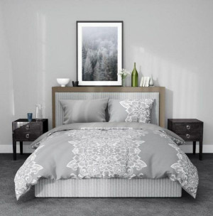 Pościel satynowa 220x200 Elegant 004 Glamour szara biała orientalna ornamen