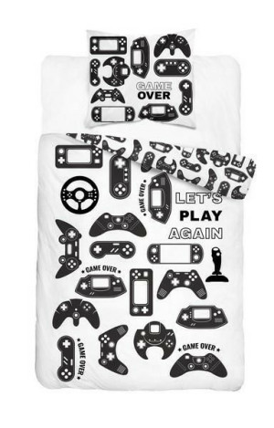 Pościel bawełniana 160x200 Game Over 3633 A konsole do gry biała czarna pad