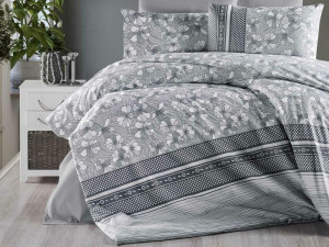 Pościel bawełniana 160x200 Gianna Grey szara kwiatki pasy Cottonlove Exclus