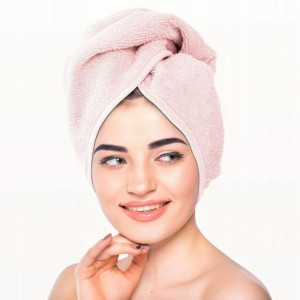 Turban kąpielowy 65x23 pudrowy frotte ręcznik do włosów na głowę