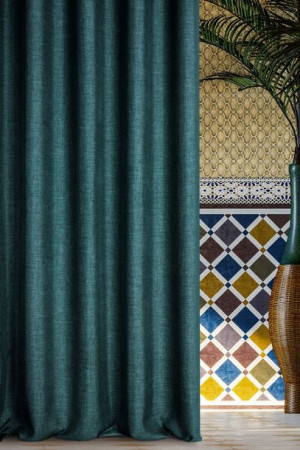 Zasłona 140x270 Morocco 3 turkusowa ciemna gotowa na taśmie z tkaniny o płó
