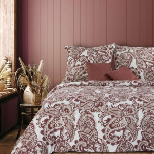 Pościel bawełniana 160x200 Avinion 4 biała bordowa ornamenty w pudełku Terr