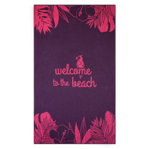 Ręcznik plażowy 100x160 Welcome to the beach różowy bawełniany frotte plaża