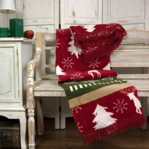 Koc bawełniany akrylowy 150x200 Sunset Xmas czerwony biały choinki renifery