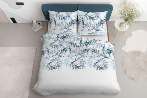 Pościel satynowa 220x200 Liście niebieska biała 4038 A Home Satin 120