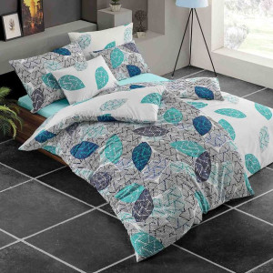 Pościel bawełniana 160x200 Linna szara turkusowa liście Cottonlove Exclusiv