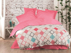 Pościel bawełniana 160x200 Sion Fuchsia malinowa kolorowa geometria Cottonl