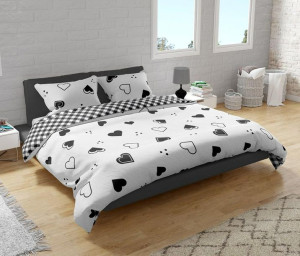 Pościel bawełniana 220x200 Serca krata biała czarna 009 Fashion 2