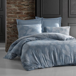Pościel bawełniana 220x200 bahama niebieska liście żakardowa Cottonlove Jac
