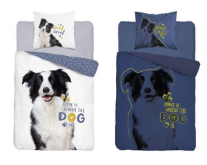 Pościel świecąca w ciemności 160x200 pies border collie 4088 A biała bawełn