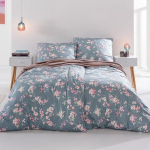 Pościel jersey interlock 200x220 Midori kwiaty szara różowa 2x70/80 6938/61