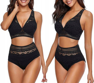 Strój Kąpielowy Bikini Wysoki Stan Koronka Boho /l
