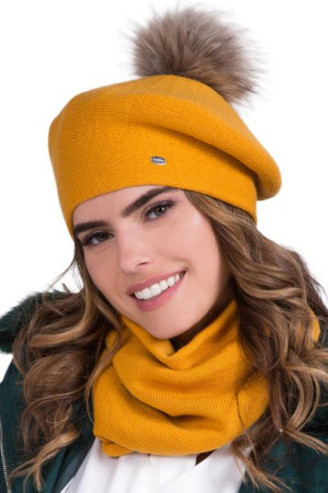 BERET DAMSKI - jakościowa przędza - na wysokiej nóżce - musztardowy - DORA