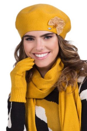 BERET DAMSKI - jakościowa przędza - kolor musztardowy - ELZA