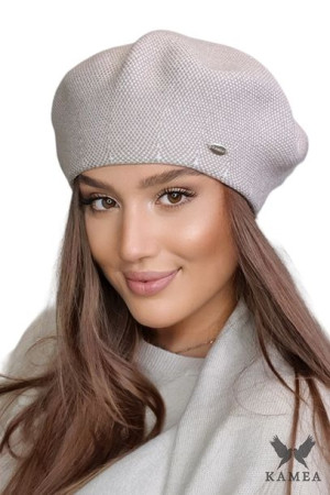 BERET DAMSKI - jakościowa przędza - w pepitkę kolor ciemny beżowy - ARKADIA