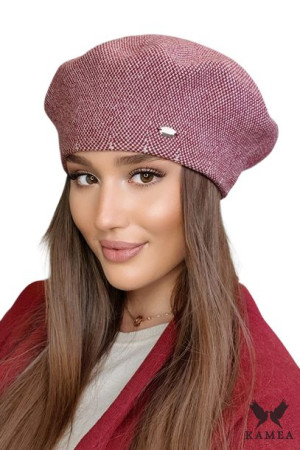 BERET DAMSKI - jakościowa przędza - w pepitkę kolor bordowy - ARKADIA