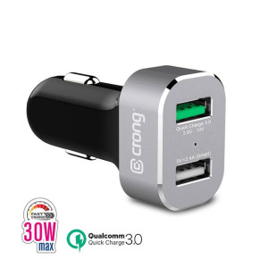 Crong Power 30W-Ładowarka samochodowa USB QuickCharge 3.0+USB 2.4A alumini.