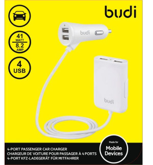Budi - Ładowarka samochodowa 4x USB, 41W+rozdzielacz na kablu 1,8m (Biały)