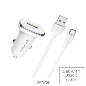 Borofone-ładowarka samochodowa USB z QC3.0 i kablem USB-C w zestawie, biały