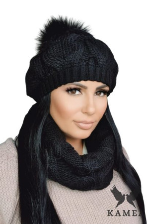 KOMPLET DAMSKI - beret z kominem zimowy kolor czarny - ZITA
