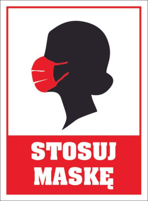 Naklejka STOSUJ MASKĘ 15x20 cm do sklepu, firmy
