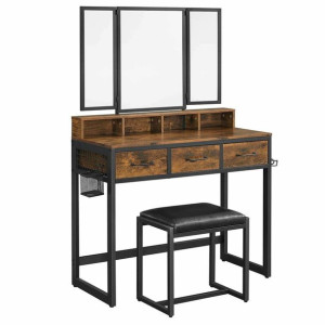 Toaletka Do Sypialni Lustro Stołek 90x40x141 Cm Ciemny Brąz Czarny Mat