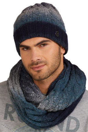 KOMPLET MĘSKI - CZAPKA i KOMIN - w cieniowanym kolorze jeans - ROSARIO