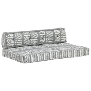 Sofa z poduszek na paletę, tkanina, szary patchwork
