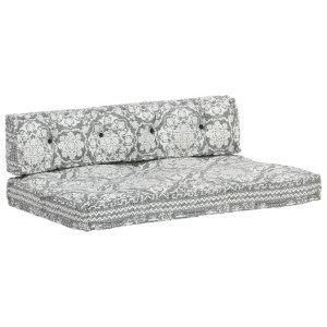Sofa z poduszek na paletę, tkanina, jasnoszary patchwork