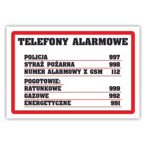 Tablica laminowana A5 - telefony alarmowe