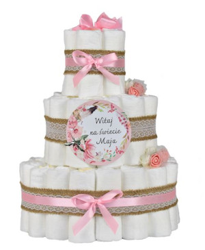 PIĘKNY TORT Z PAMPERSÓW w stylu boho PREZENT na CHRZEST ROCZEK z  rozm.3