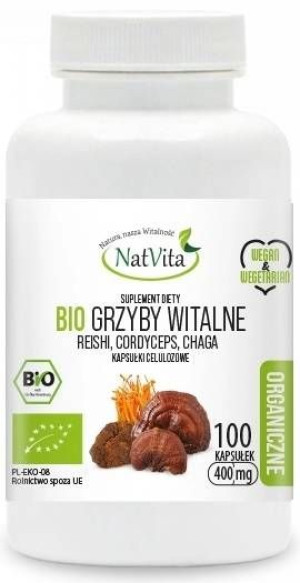 Grzyby Witalne Bio Reishi Cordyceps Chaga 400 mg - suplement diety 100 kaps