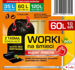 Worki na śmieci 60 l z taśmą ściągającą bez odrywania czarne