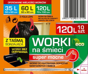 Worki na śmieci 120 l z taśmą ściągającą bez odrywania czarne