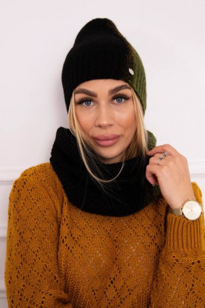 Komplet Damski Czapka I Komin Czarny+khaki