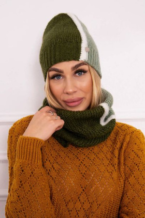 Komplet Damski Czapka I Komin Khaki+miętowy