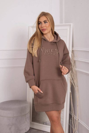 Długa Bluza Damska Ocieplana Z Napisem Oversize Mocca