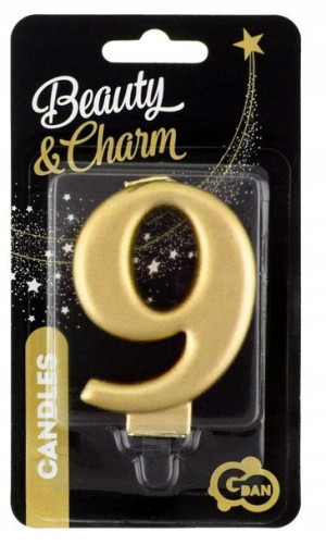 Świeczka cyferka 9 Beauty&Charm metalik złota