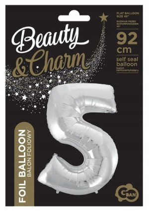 Balon foliowy cyfra 5 Beauty&Charm srebrna 92c