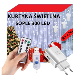 Kurtyna Świetlna 3x3m Sople 300 Led Girlanda Lampki + Pilot